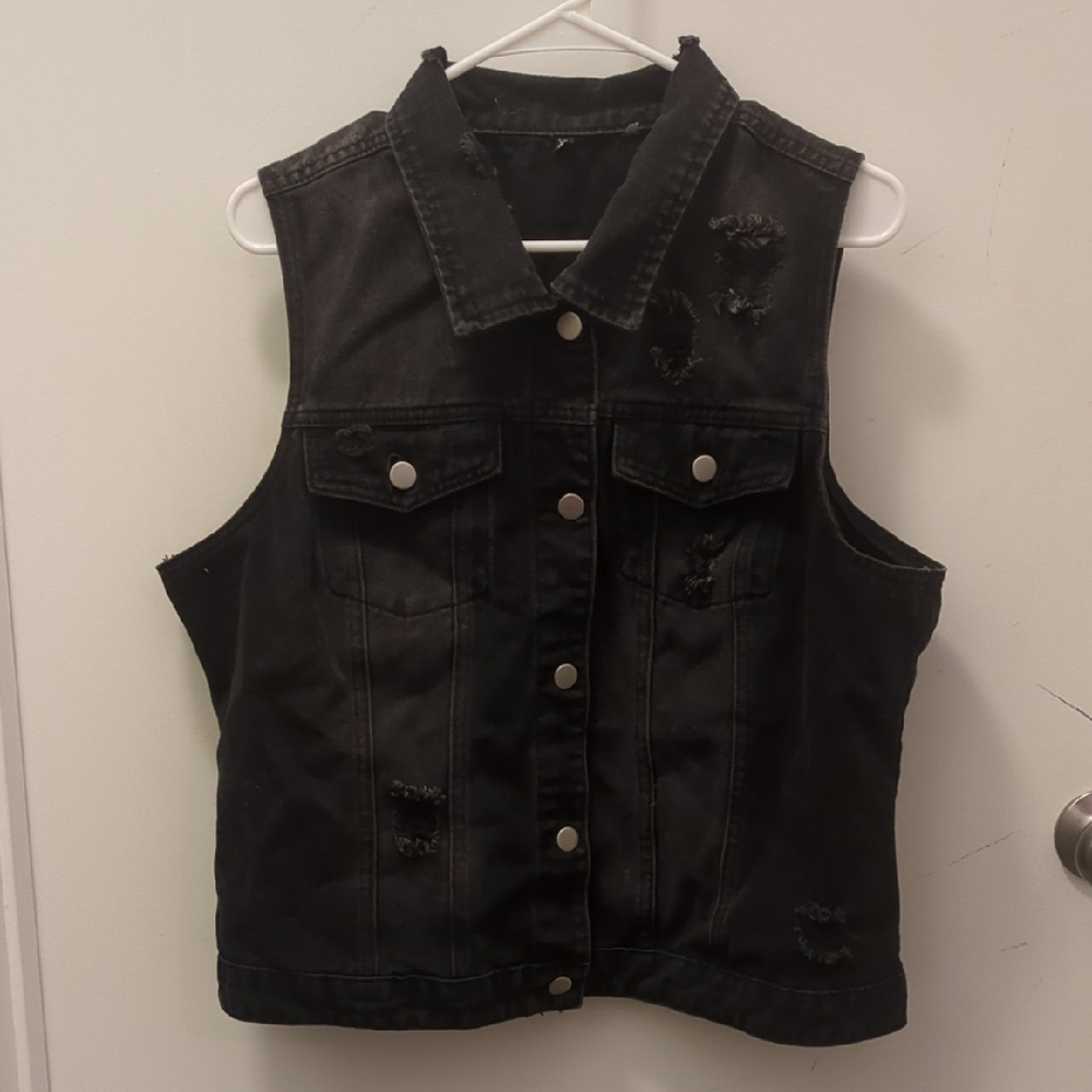 Distressed Black Denim Crop Vest